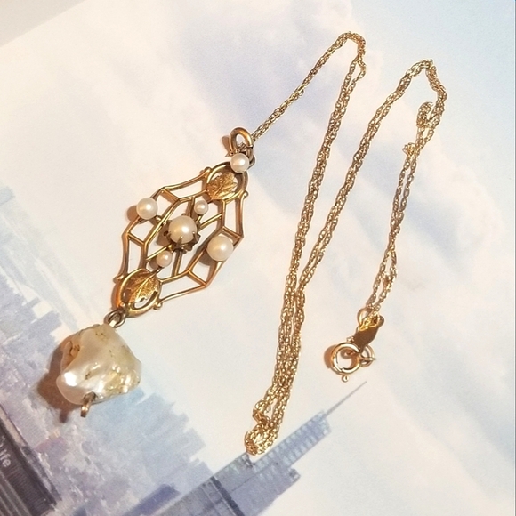 ANTQ SOLID 10KT Gold Seed Pearl Lavaliere Necklace - Picture 3 of 8